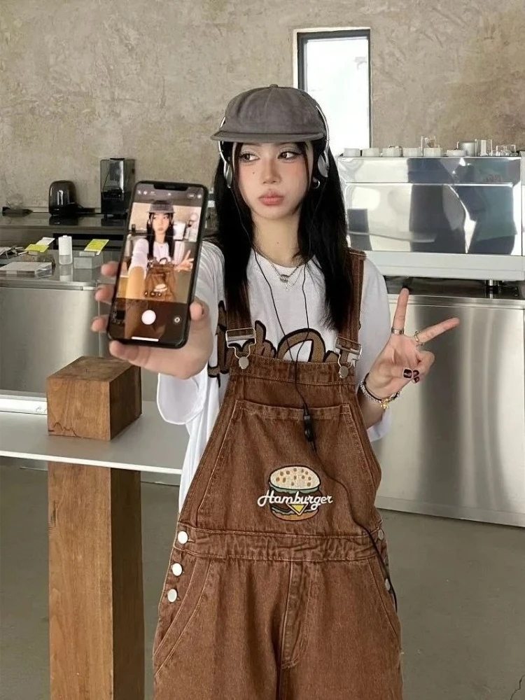 Women Brown American Vintage Hamburger Embroidered Suspender Overalls Loose Straight Fit Slimming Denim Jumpsuit Ins Trend