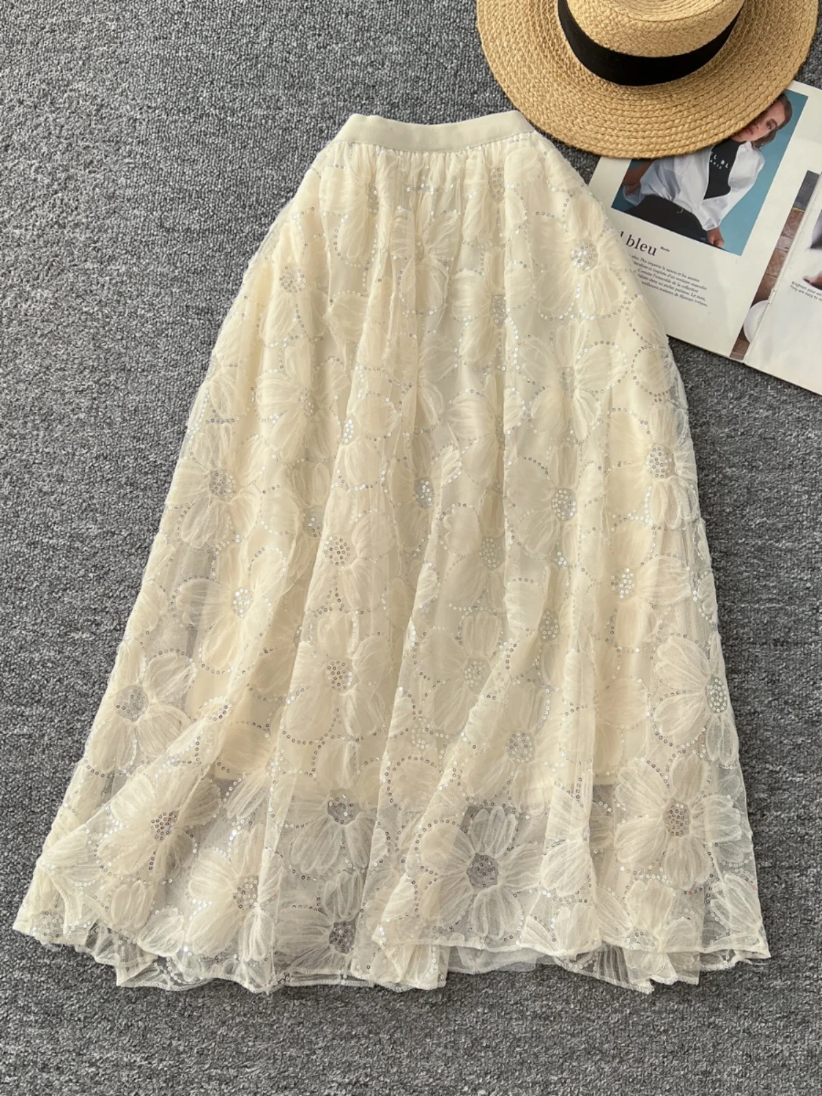 

Ele High Waist Sequin Flower Embroidery Skirt Women's Premium Fairy Gown A-Line Midi Skirt Korean Sle Commute
