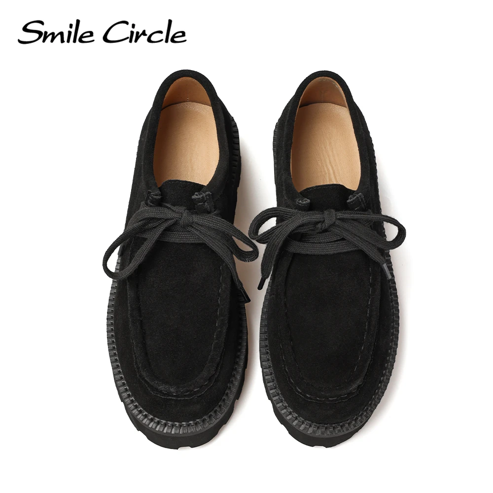 Smile Circle Suede Derby Shoes Women Lace-up Round Toe Flat Platform Shoes Fashion Casual Shoes Women\'s Loafers