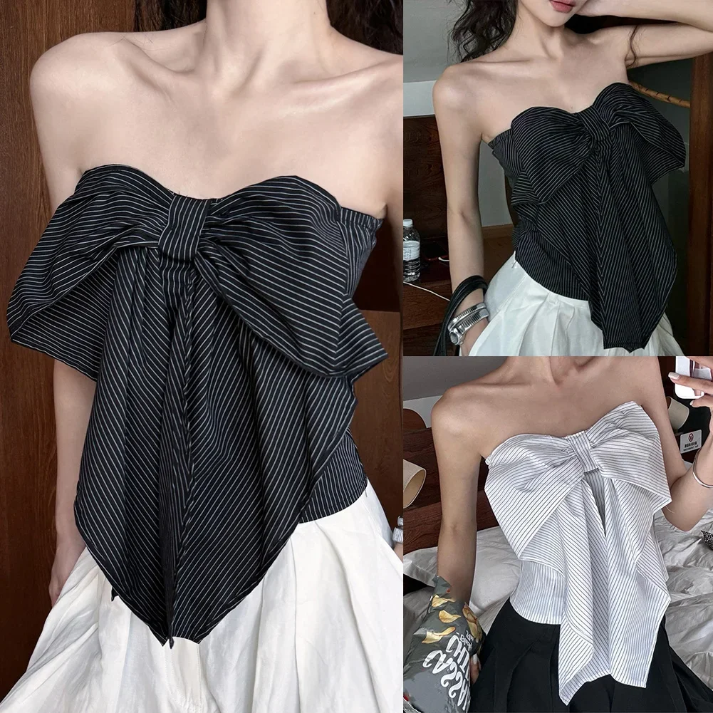 Gilet à la mode avec détail de nœud, gilet à la mode, Style fille chaude, haut rayé avec nœud noir, vêtements de vacances, tout neuf, usage quotidien