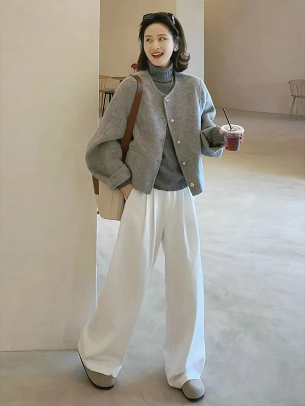 

Женское двустороннее шерстяное пальто Ele ey в корейском стиле, укороченное, для невысоких, зимнее, новинка