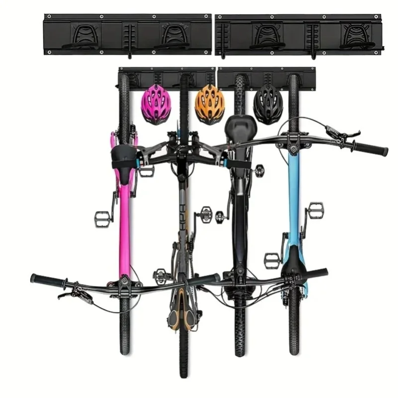 Robuster, an der Wand montierbarer Fahrradständer, schwarzer Metall-Garagenorganizer für 4 Fahrräder mit 3 Helmhaken, insgesamt 440 lb Tragkraft, Wandaufbewahrungshalter für Rennräder, Mountainbikes,