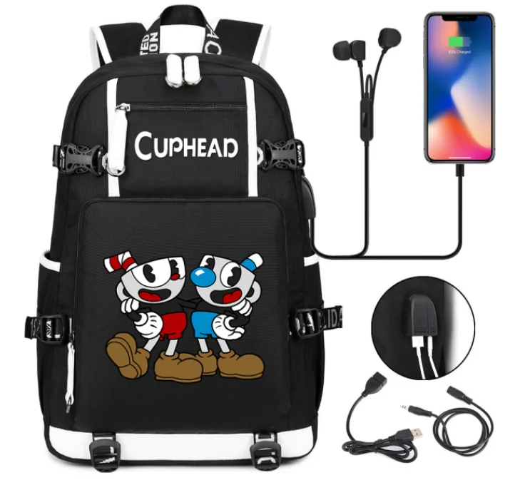 Cuphead gry Mugman plecak dziewczyny chłopcy tornister pojemna na Laptop torba wodoodporna USB wielofunkcyjne plecak z funkcją ładowania