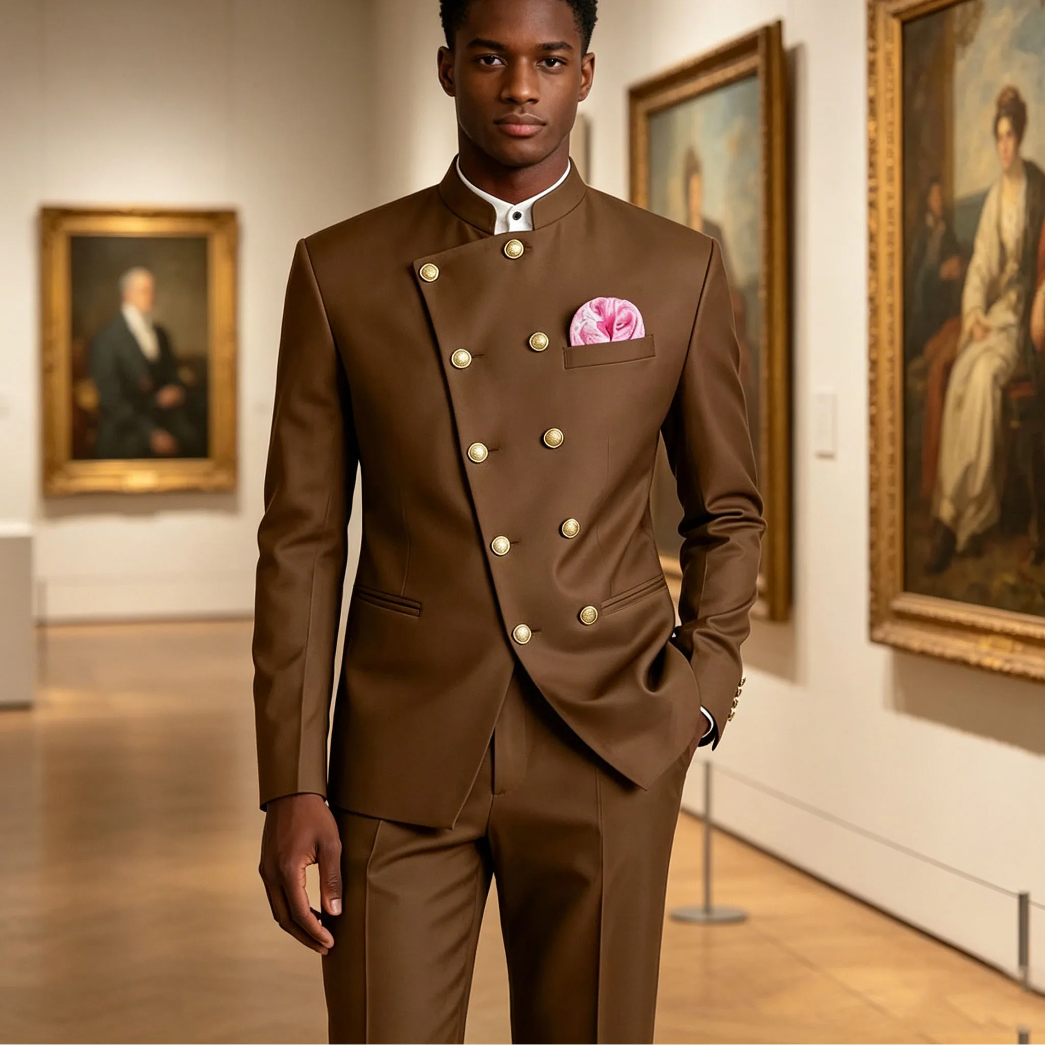 

Men's Chinese Style Suit 2 Piece Brown Mandarin Collar Double Breasted With Gold Buttons Formal Jacket Pants For Business Weddin