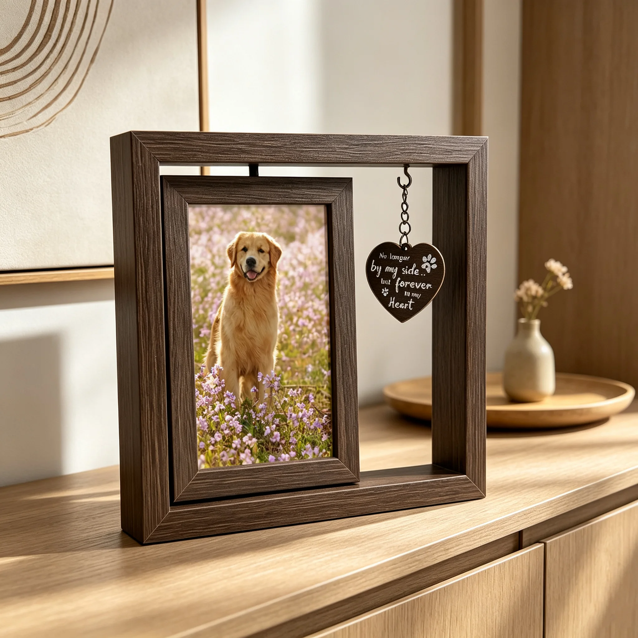 Imitation Wooden Rotating Commemorative Photo Frame Double Sided Pet Dog Cat Picture Frame with Love Listing Decorative for Room
