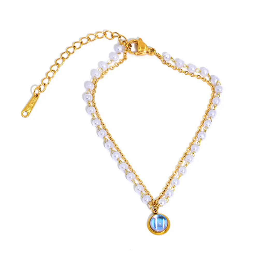 

Punk Layered Simulated Pearl Chain Link Bracelet Female Gold Color Stainless Steel Circle Charm Bracelets for Women Jewelry Gift