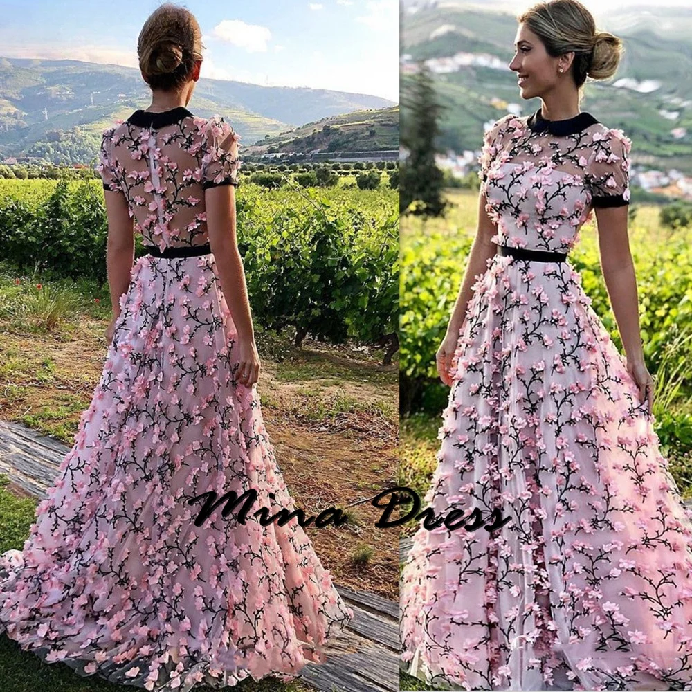 

Mina Customized Short Sleeves Saudi Evening Dresses 2024 Luxury Round Neck Simple and Elegant Formal Dress Es Flowers Ball Gowns