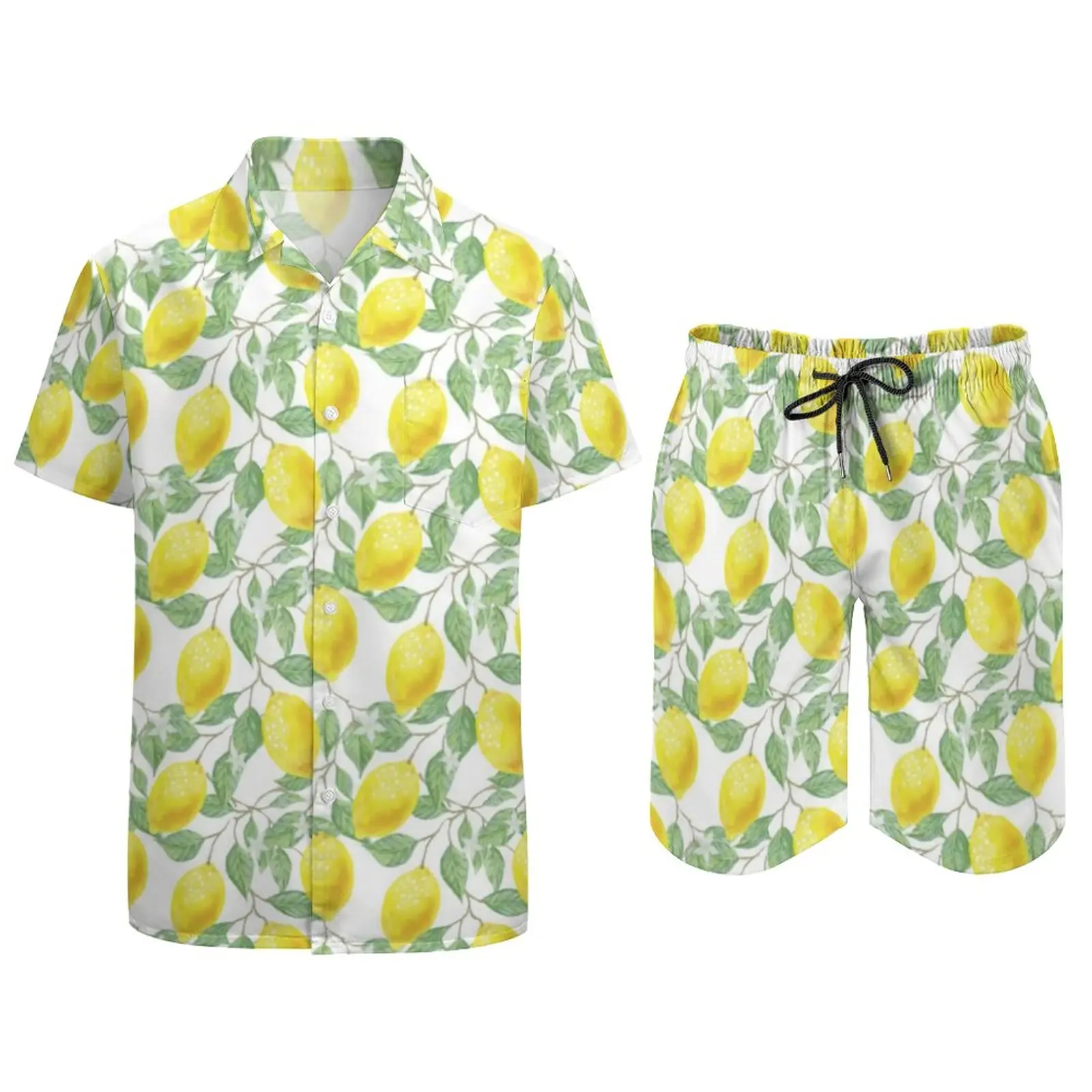 Lemon Tree Men Sets Flower Floral Print Casual Hawaiian Shirt Summer Fashion Beachwear Shirt Set Short Sleeve Pattern Suit Gift
