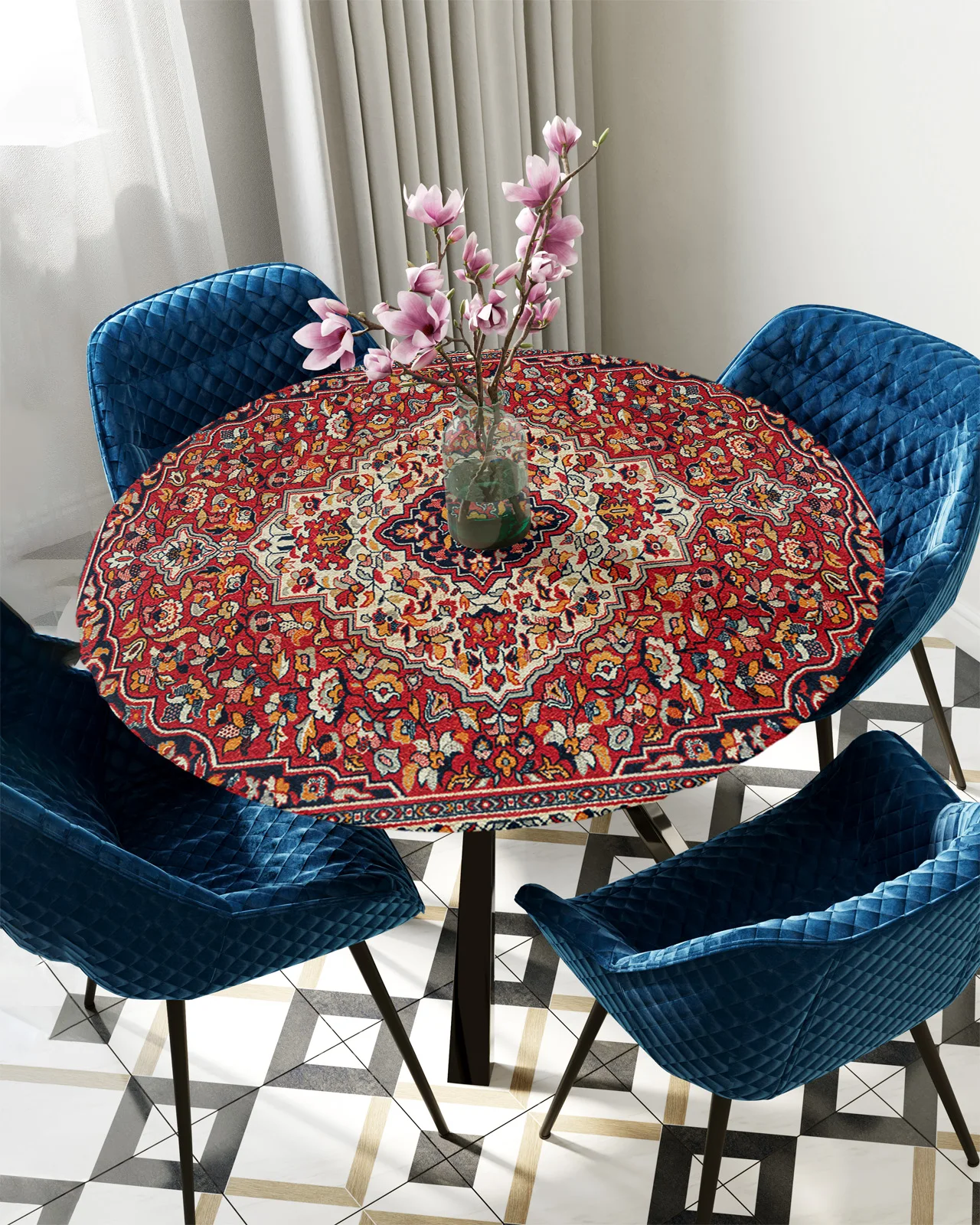 Retro Texture Round Tablecloth Elastic Table Cover Indoor Outdoor Waterproof Dining Table Decoration Accessorie