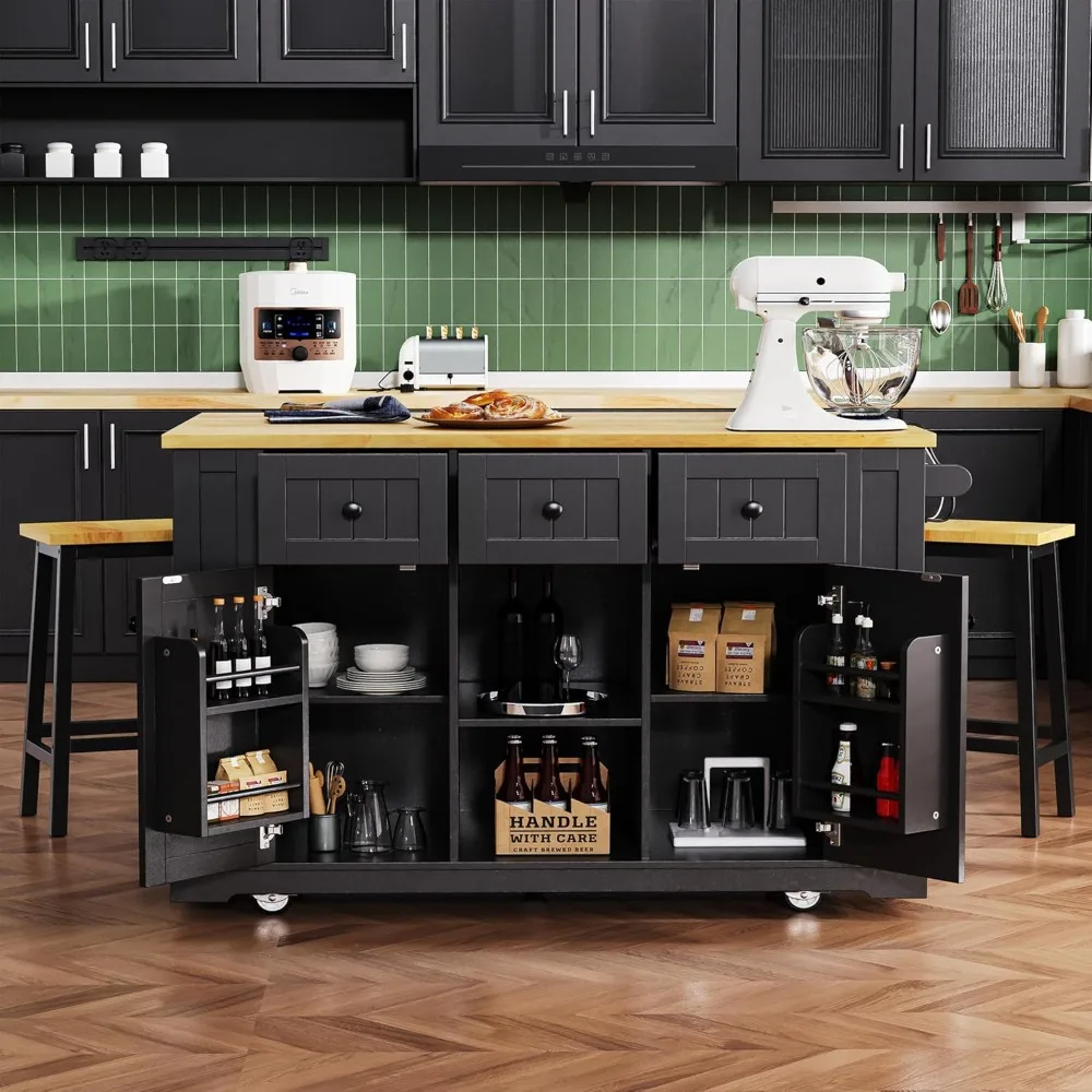 

Kitchen Island with Storage, Rolling Cart on 5 Wheels with Power Outlet, Drop Leaf & Storage Rack, Side Racks