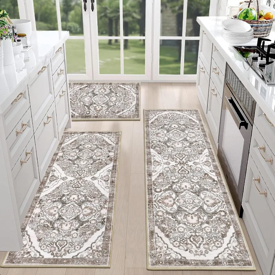 HEBE Farmhouse Kitchen Rugs Sets of 3 Non Slip Washable Boho Kitchen Rugs and Mats for Floor Kitchen Runner Rug Floor Carpet fo
