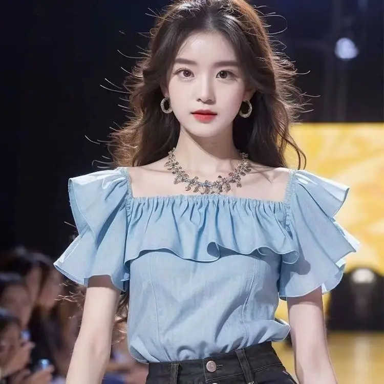 Korea Ruffle Square Neck Short Sleeve Shirt Women Summer Short Tops Girl 2024 New