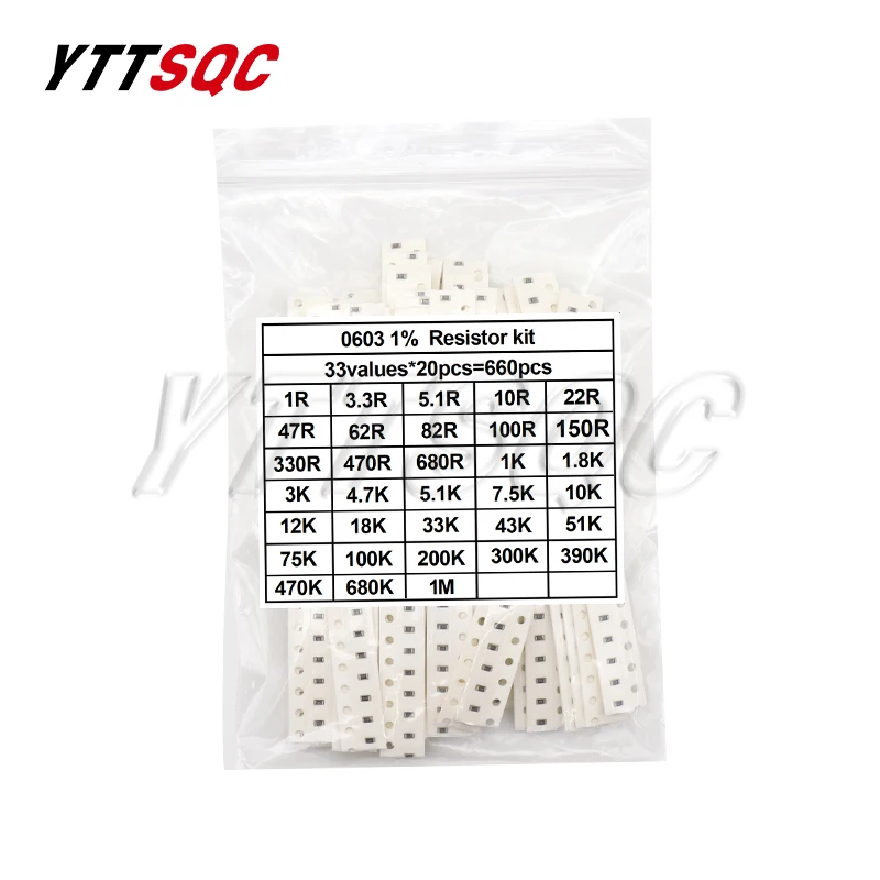 Kit assressenti191 de résistances SMD, 1206, 0805, 0603, 0402, 0201, 1 OhMini, 1M ohm, 1%, 33 valeurs x 20 pièces = 660 pièces