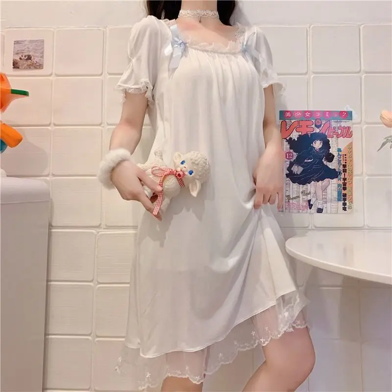 Camicie da notte donna Mini Sleepwear Kawaii Clothes Home Soft Summer Square Collar Lace-spliced Girls Sweet White Lounge Kpop Trendy