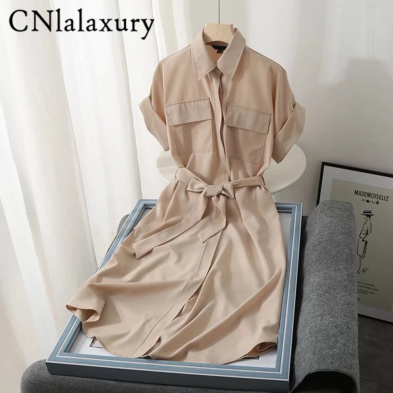 CNlalaxury party dress for women 2022 new summer French Office Lady short sleeve high waist with belt midi shirt dresses Female