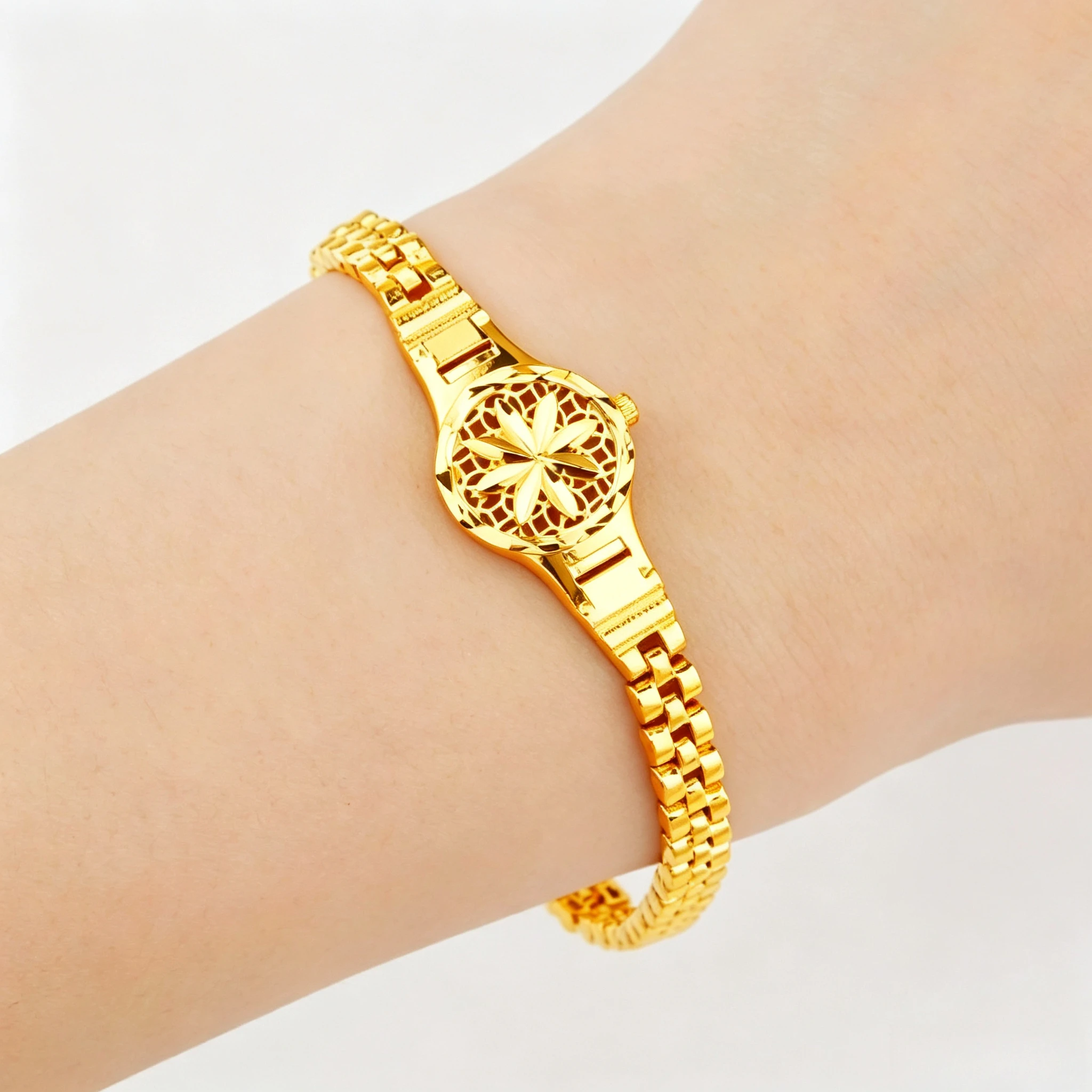 Vintage Jewelry Watches Women - ヴィンテージ中空フラワーウォッチシェイプゴールドブレスレット女性用リンクチェーンバングルエレガントイミテーションゴールド手首ジュエリー結婚式デイリーオーナメントギフト