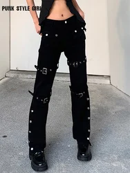 Gothic Bandage Women Baggy Jeans Punk Style Egirl Black Denim Trousers Y2K Dark Academia Hight Waist Streetwear Pants