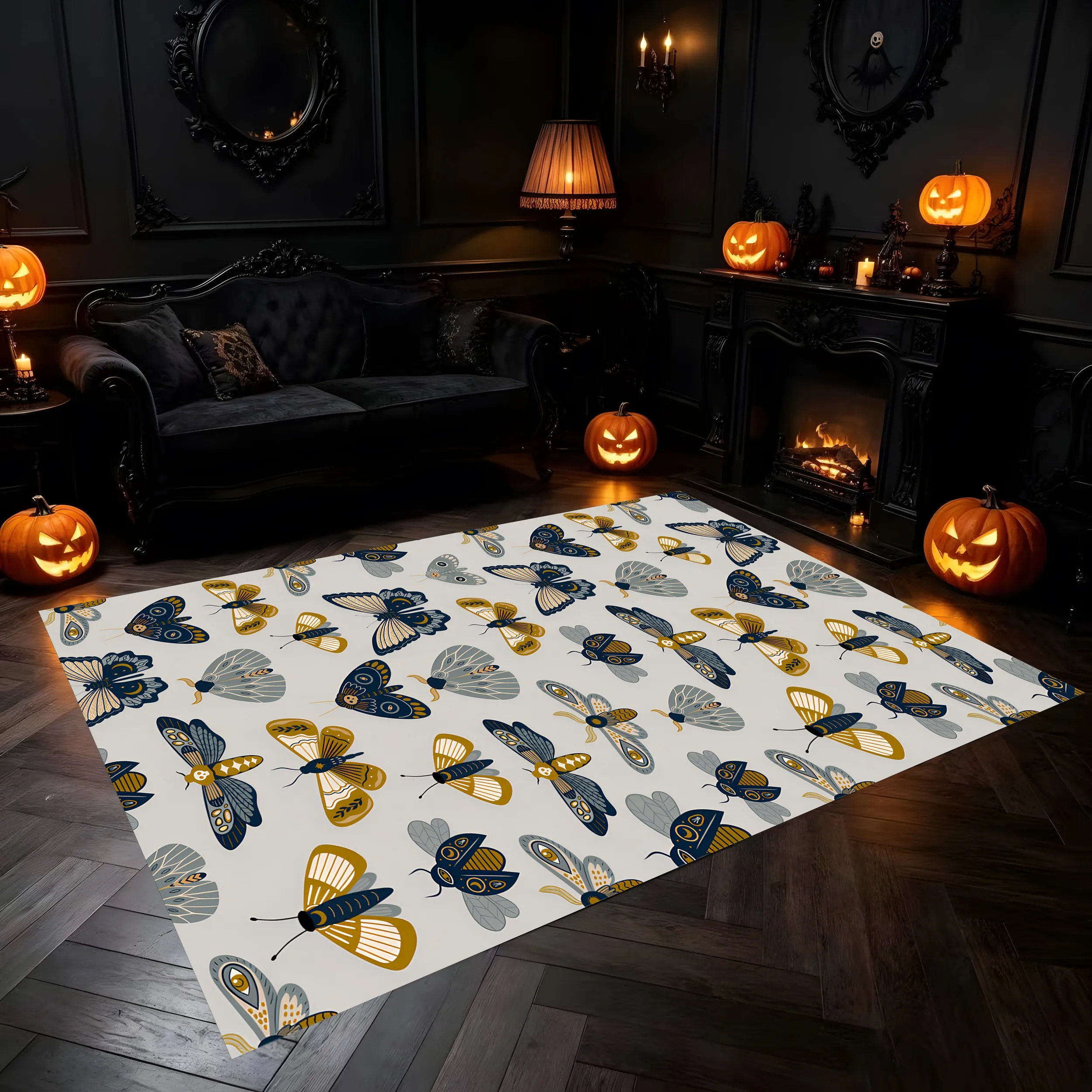 Velvet Rug Colorful Moth Print Quirky Retro Style for Entryway Bedroom Living Room Home Decor
