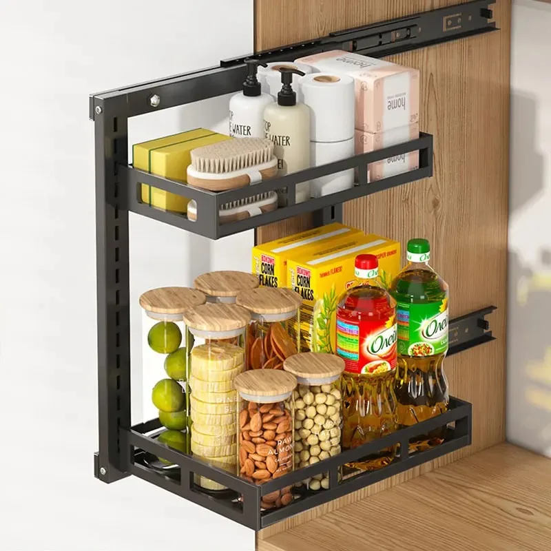 

2-уровневый шкаф без перфорации, регулируемый держатель для корзины для специй, сливная полка для хранения губок, кухонная выдвижная полка-органайзер под раковину