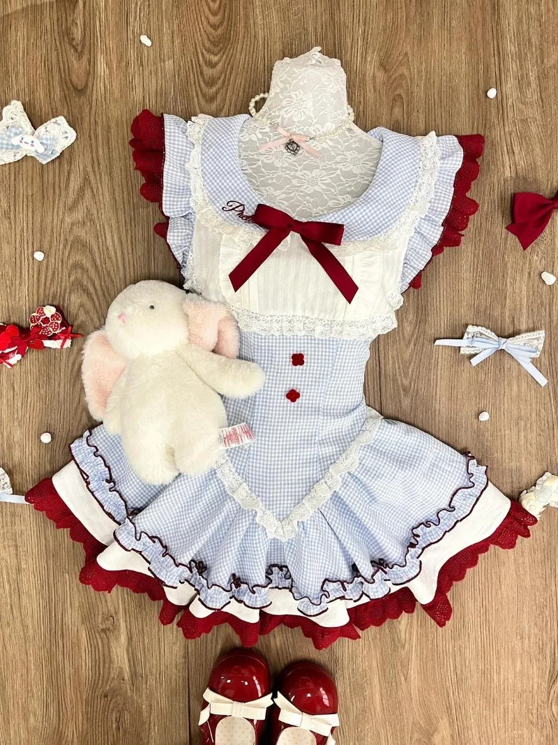 Preppy نمط الحلو ولطيف فتاة الصيف جديد صغير يطير الأكمام بيتر بان طوق فساتين Kawaii لطيف القوس الدانتيل فستان الأميرة البسيطة