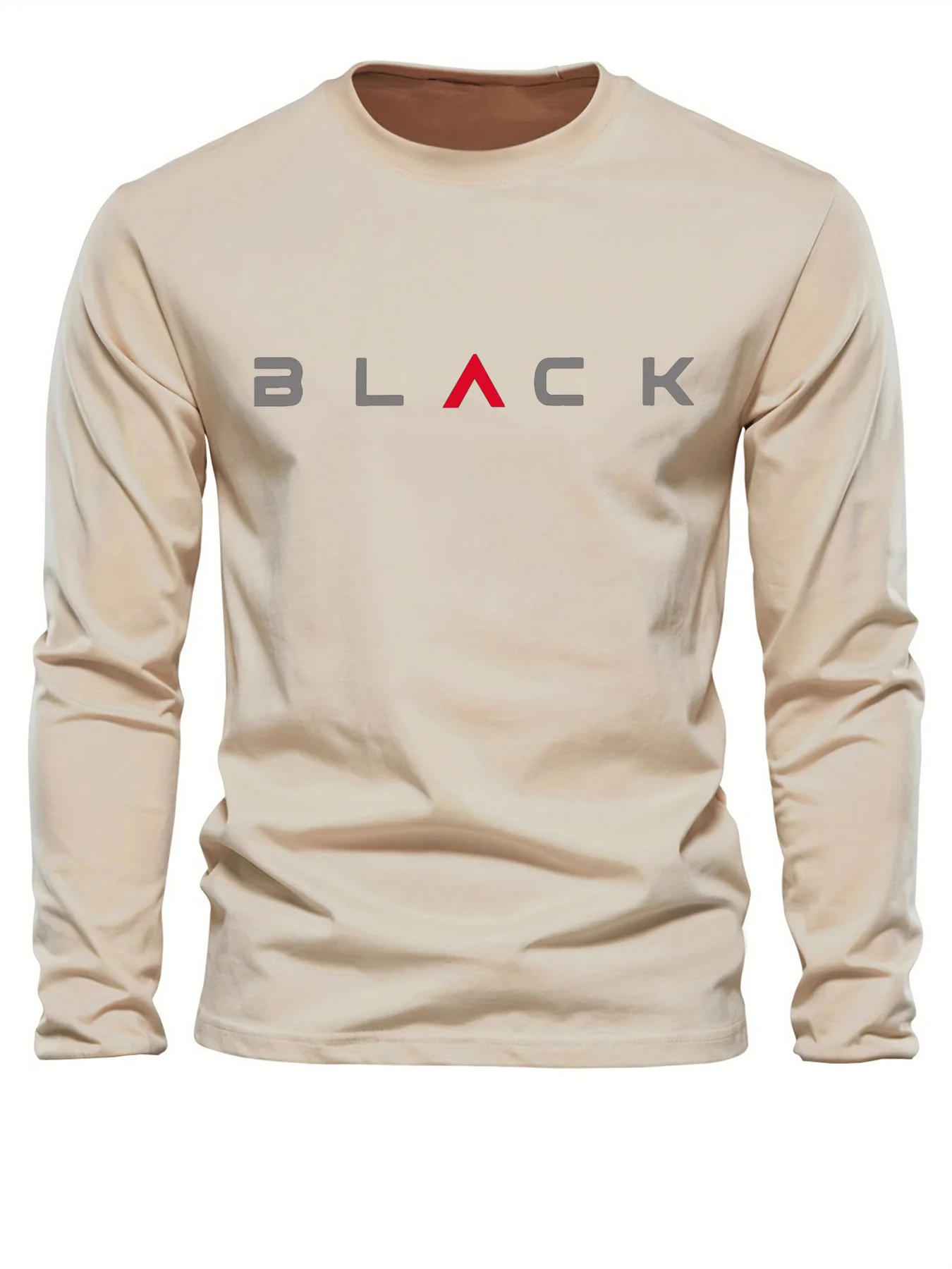 Men's 100% pure cotton loose fit plus size comfortable casual sports BLACK letter printed round neck long sleeved T-shirt top view 5