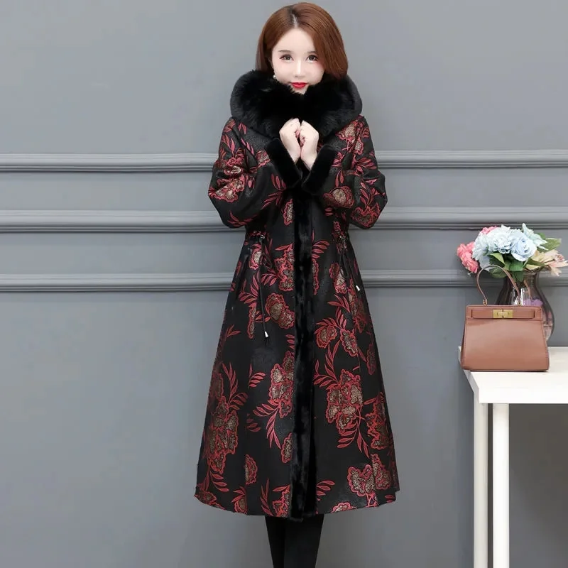 2023 Winter Middle aged Women\'s Wear Mom Fur Collar Cotton Coat Hooded Deerskin Fleece Double Sided Leather Fur One Piece Jacket