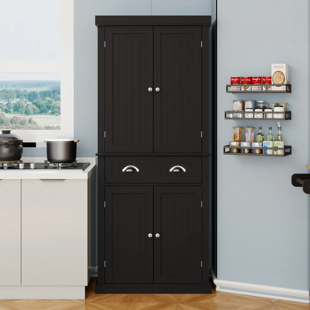 

71" Kitchen Storage Cabinet with 4 Doors, Drawers, 2 Adjustable Shelves, Seating Living Room Freestanding Cabinet