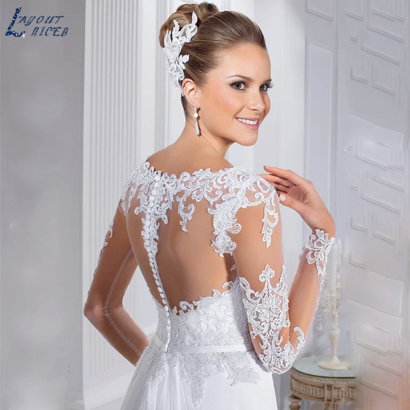 LAYOUT NICEB Lace Appliques Vestidos De Casamento Mulheres Chiffon Mangas Compridas Do Vintage Vestido de Noiva Formal Sweep Train Vestido De Novia Rótulos de enxame vestido de casamento de lã de neve de manga longa re