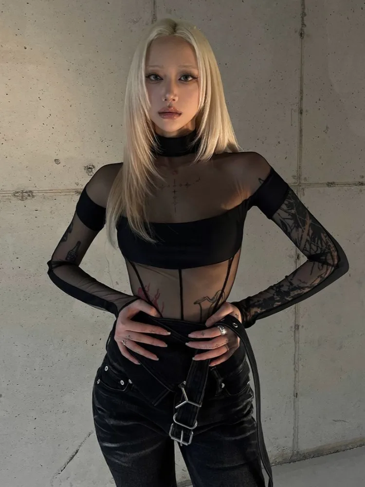 AltGoth مثير انظر من خلال ارتداءها النساء الظلام القوطية الشارع الشهير ايمو البديل الجرونج Y2k طويلة الأكمام س الرقبة عالية الخصر بذلة