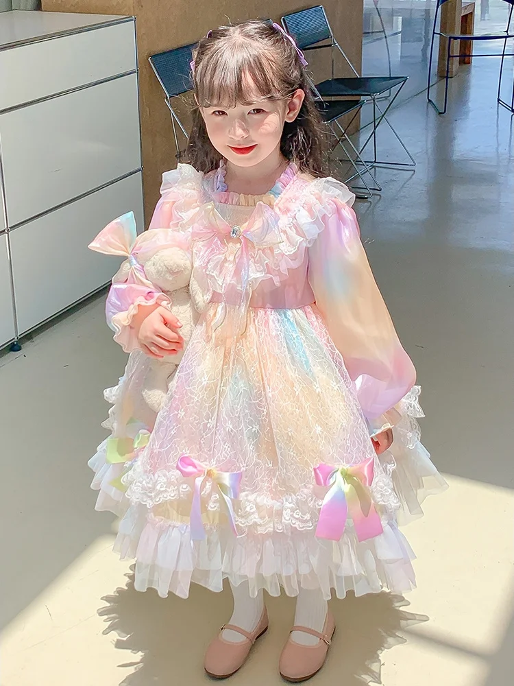 

New Rainbow Dress for Girls Lolita Fashion Princess Party Long Sleeve Lace Tulle Costumns Cute Kids Children's Clothing Dresses