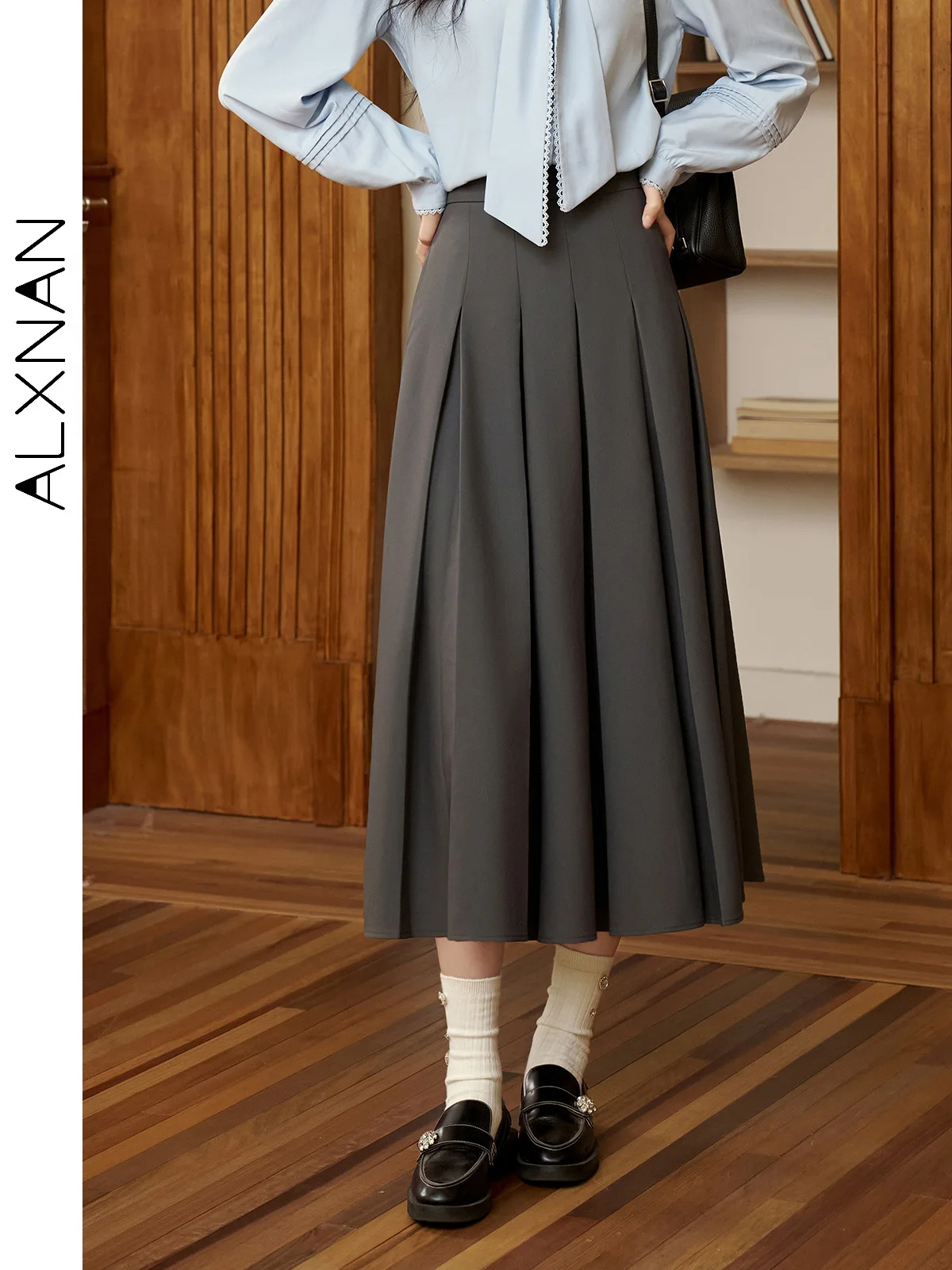 

ALXNAN Women's Pleated Skirts 2024 Fall Winter New Preppy Style Solid Gray Basics Midi Skirt Female Trendy Clothing L39652BSQ