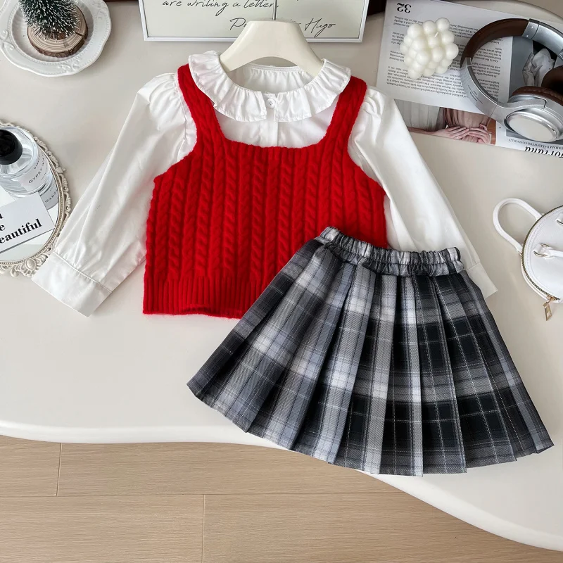 

Girls' Three-Piece Set Autumn New Children's Knitted Cable Vest Round Neck Doll Shirt Pleated Skirt Wholesale