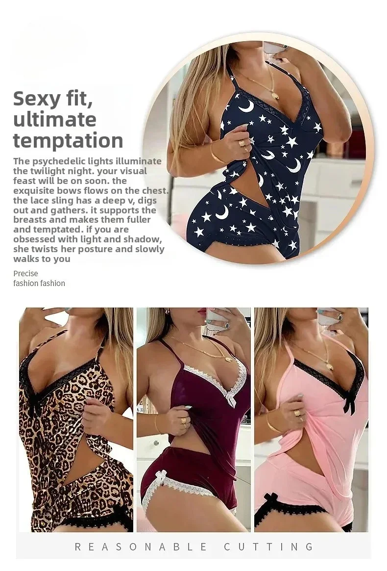Sommerliche Freizeit-Loungewear für Damen: Ärmelloses, sexy Nachthemd mit Spitzenbesatz, Homewear, Träger-Schlafanzug, Shorts und Träger-Pyjama-Set – Detail 3