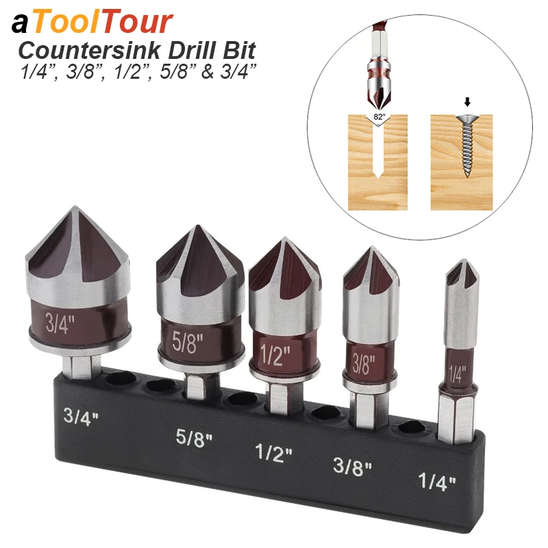 

82 Degrees Countersink Drill Bit Set Bore HSS Chamfer 5 Flute For Woodworking Quick Change Countersunk Imperial Hex Shank Tools