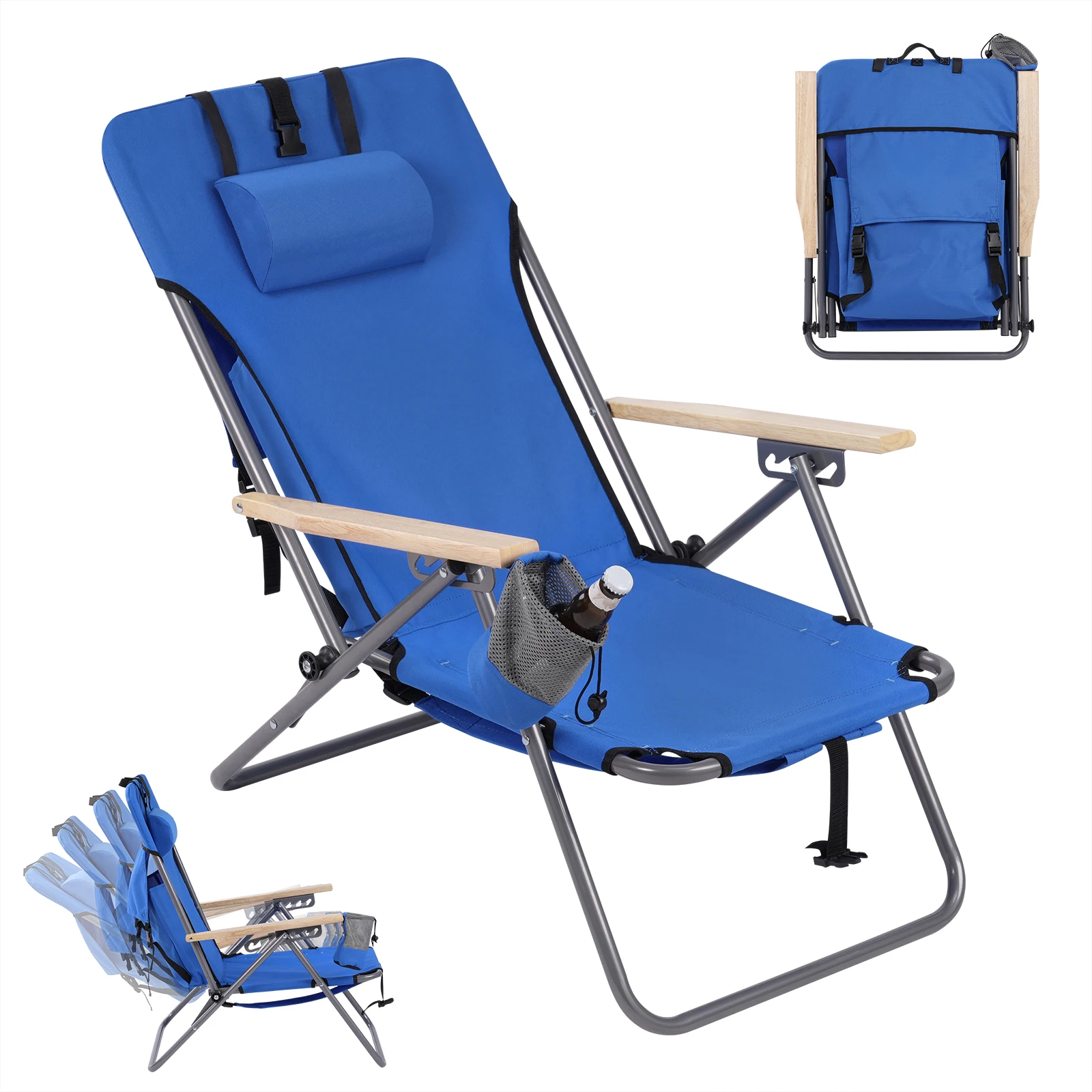 Silla plegable para acampar WOLTU, silla de playa portátil ligera con sillón, respaldo reclinable, reposacabezas extraíble, silla de pesca