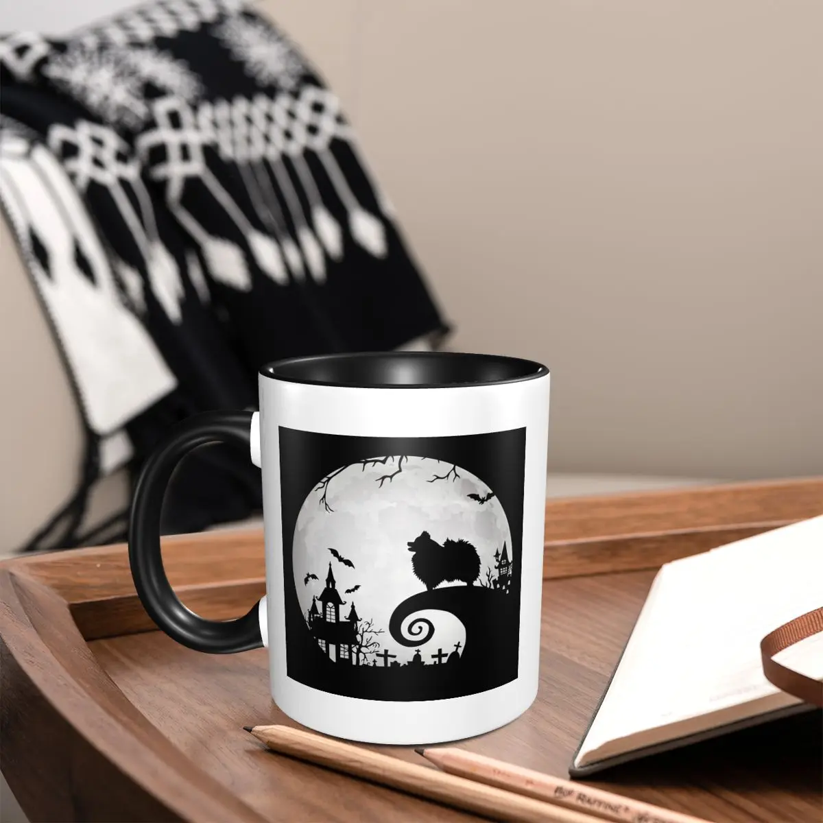 كلب صغير طويل الشعر والقمر كوب الهالوين مضحك أكواب القهوة السيراميك أكواب الشاي كوب حليب درينكوير هدية للمرأة الرجل