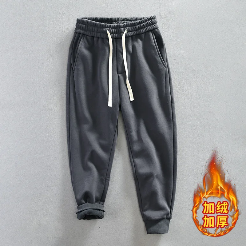 

Korean Fashion Mens Winter Pants Streetwear Men Causal Fleece Sweatpants Warm Tapered Pants Drawstring Elastic Waist Gray Pants