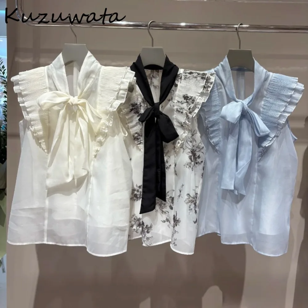 

Kuzuwata 2025 Summer New Pure Desire Blouses Sweet Preppy Style Student Bow Sleeveless Shirt Japan Fungus Ruched Print Fresh Top