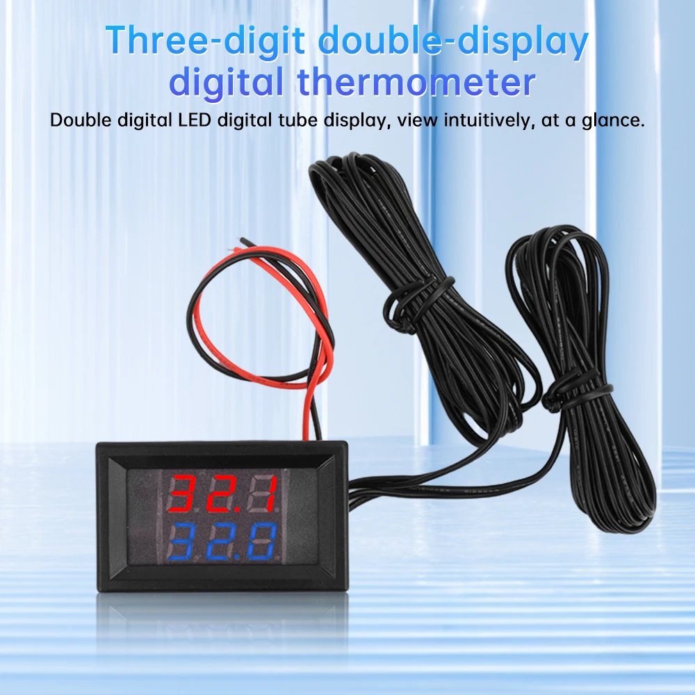 3 digit dual-display digital thermometer NTC metal waterproof dual probe DC4-28V red and blue line length 1M cylindrical probe image 2