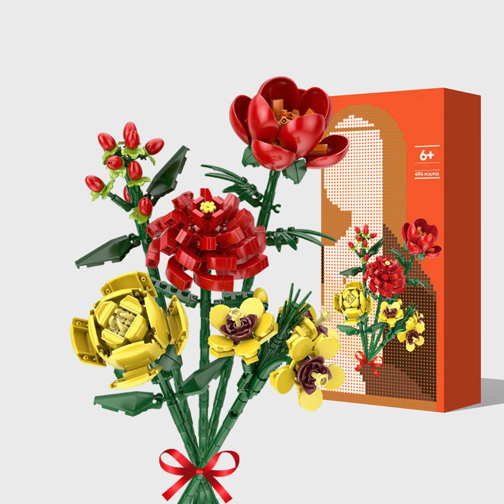 Knew gebaut schwarze Rose Blume Bausteine 3D Modell Blumenstrauß rot gelbe Blume Ziegel Geschenk Home Dekoration Kinder Spielzeug mit Box – Detail 5