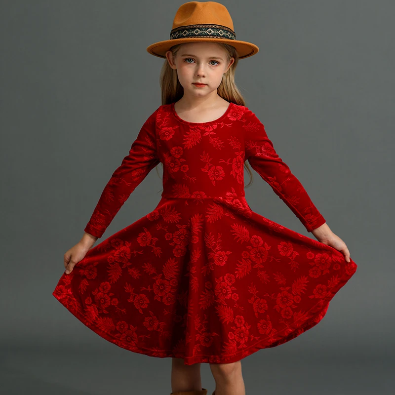 New Winter and Autumn Velvet Embossed Dress for Preschool Girls Long Sleeve Swing A-Line Twist Skateboard Dress for 2-8 Years