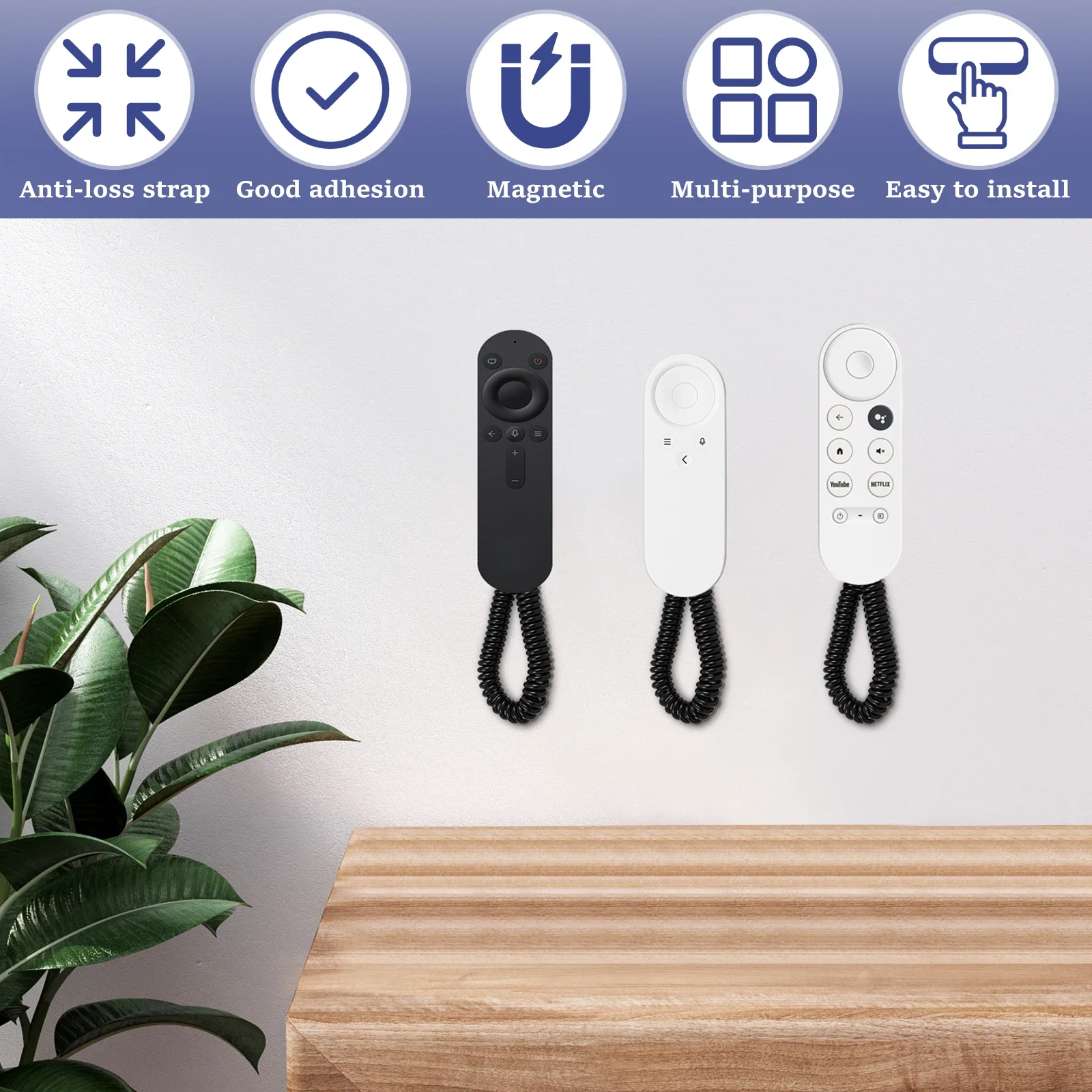 6Pcs Magnetic Remote Control Holder ABS Wall Mounted TV Air Conditioning Remote Control Storage Organizer with Spring Rope