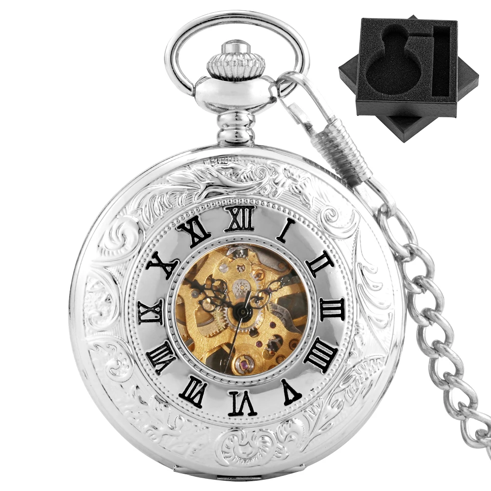 

Hot Classic Roman Numerals Display Silver Manual Mechanical Pocket Watch Fob Chain Pendant Clock Vintage Timepiece Gift Male