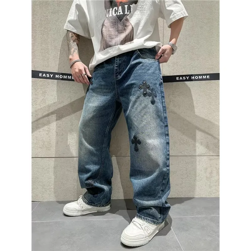 

Летние мужские джинсы большого размера (до 300 фунтов) в гонконгском ретро-стиле, широкие, с эффектом потертости, модные, в стиле High Street, повседневные