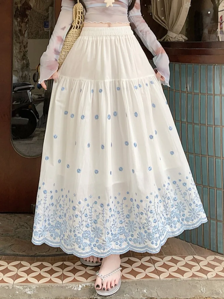 

High Waist A-Line Midi Skirt Women's Summer Floral Embroidery Patchwork Slimming Cake Sle Long Skirt Commute Korean Version
