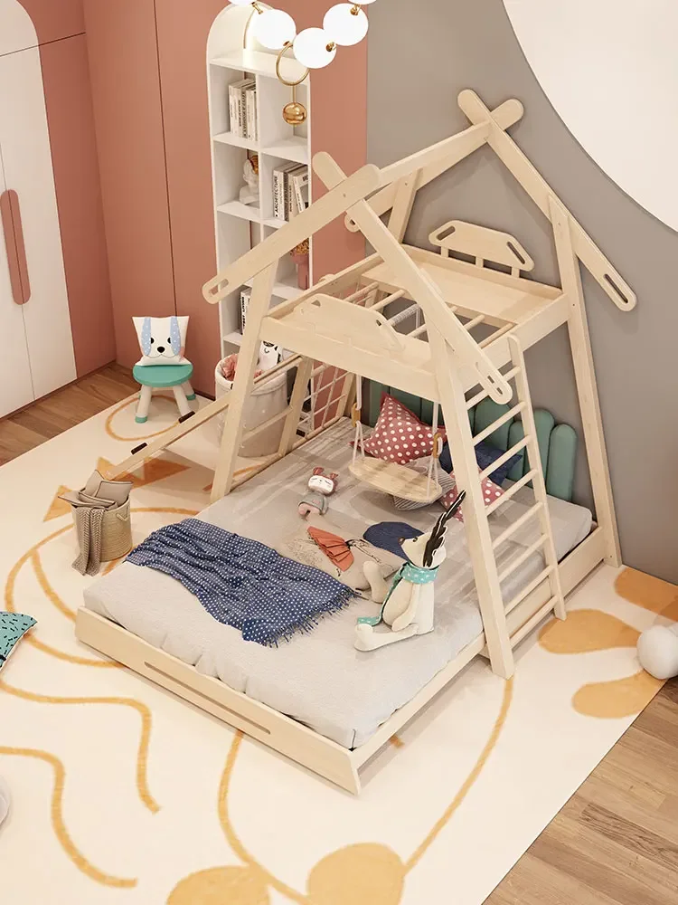 Nordic solid wood children's bed indoor climbing swing slide bed girls small  boys treehouse  single bed