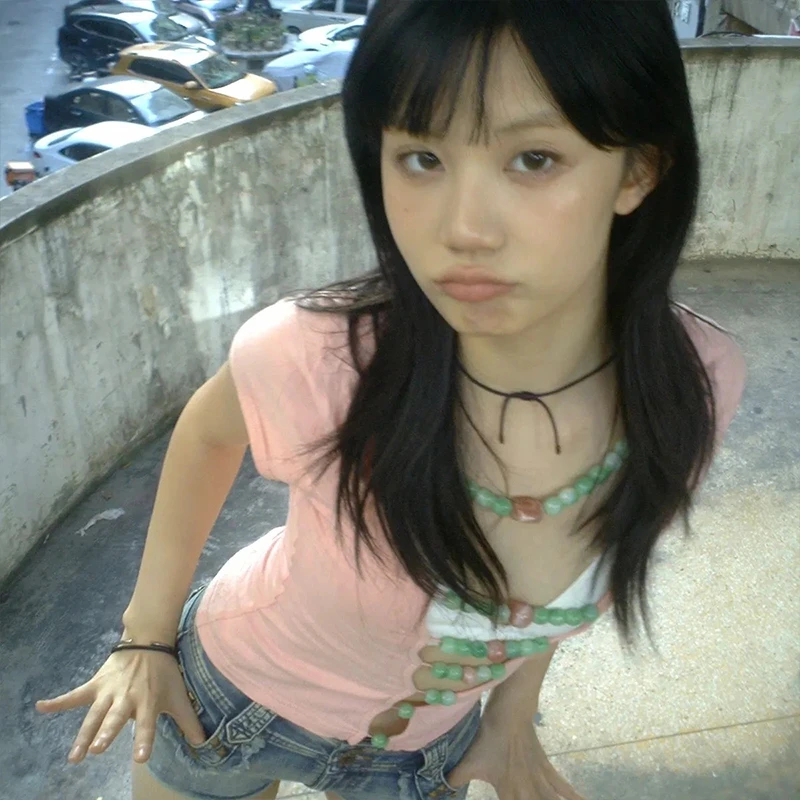 Karrram Japanese Y2k Hollow Out Tops Vintage Harajuku Beaded T Shirt 2000s Aesthetics Short Sleeve Knit T-shirts American Retro view 5