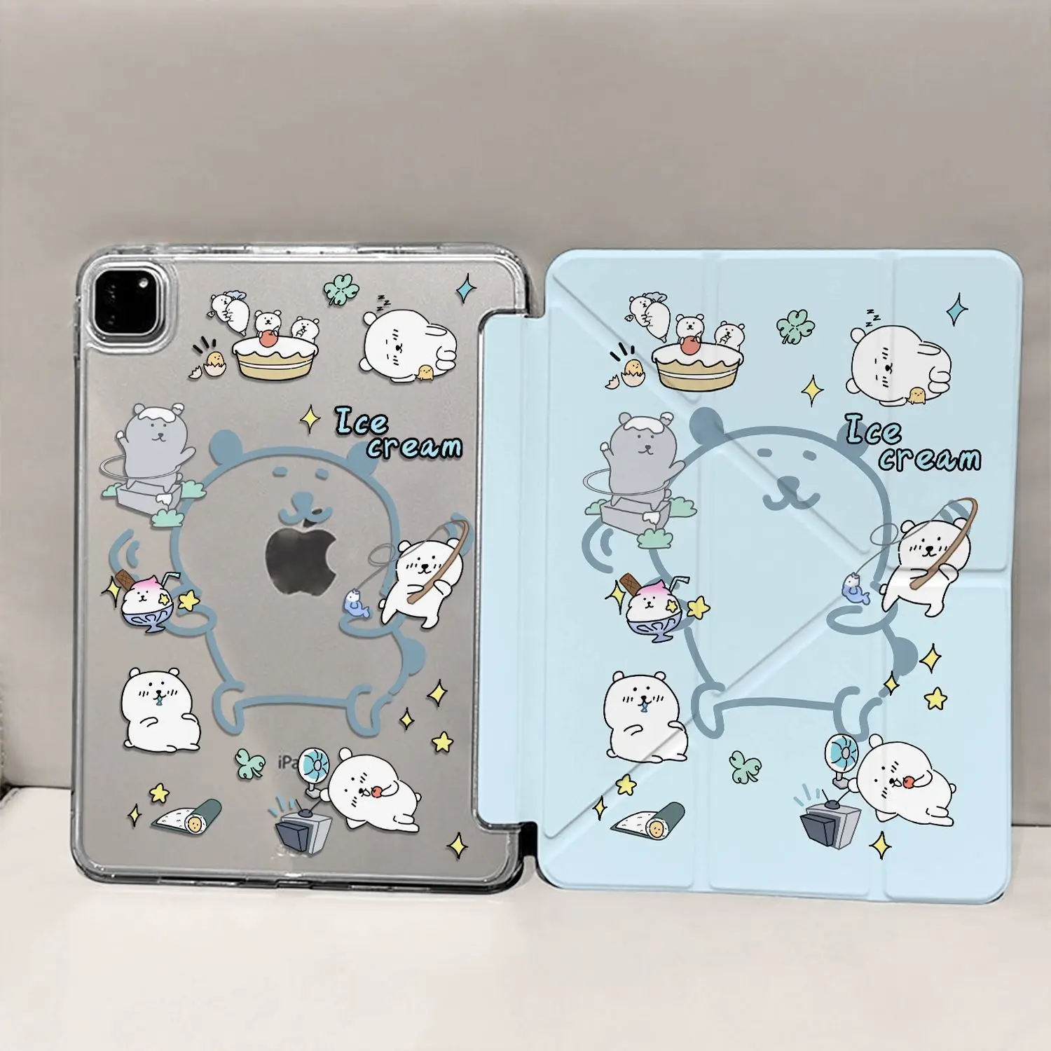 Ins Blue Kawaii Bear New Tablet Case For iPad Pro 11 12.9in 13 M4 9.7 10.2 5/6th 7/8/9 10 11th MINI 6 7 Air 5 6 7 Trifold Case