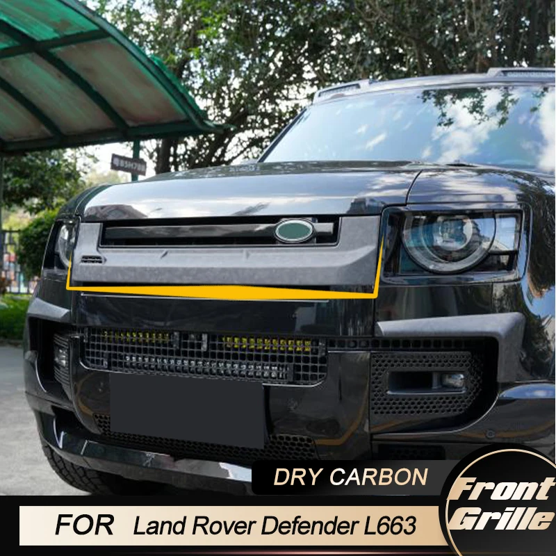 

Car Front Bumper Grill Trim Decoration For Land Rover Defender L663 2021 2022 Front Grille Dry Forged Carbon Fiber Matte Black