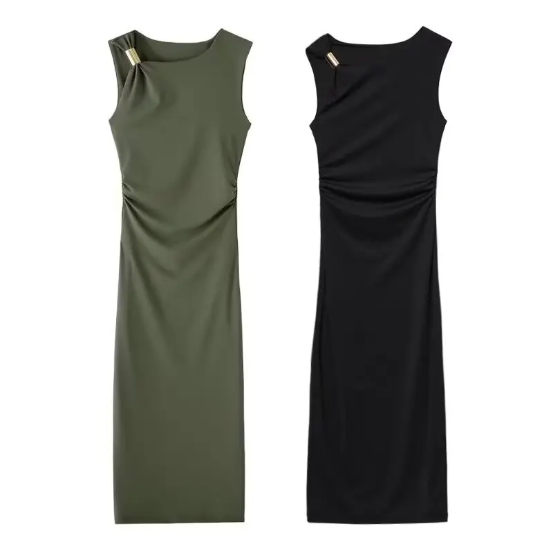 

Women's 2025 new fashion shoulder strap metal inlaid decoration solid slim pleated MIDI dress retro sleeveless women's dress